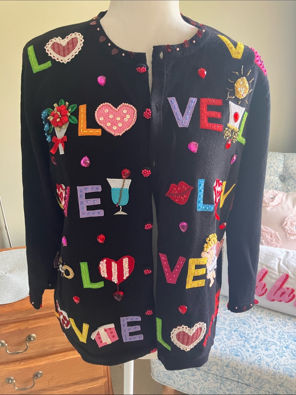 Amazing Vintage Berek Takako Sakon LOVE Embellished Beaded sweater M EUC